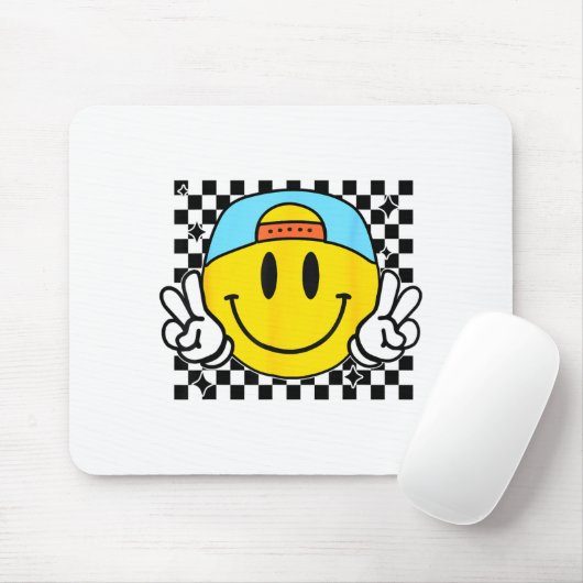 Yellow Smile Face Cute Checkered Peace Smiling Hap Muismat (Met muis)