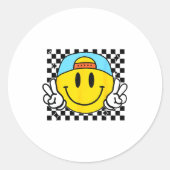 Yellow Smile Face Cute Checkered Peace Smiling Hap Ronde Sticker (Voorkant)