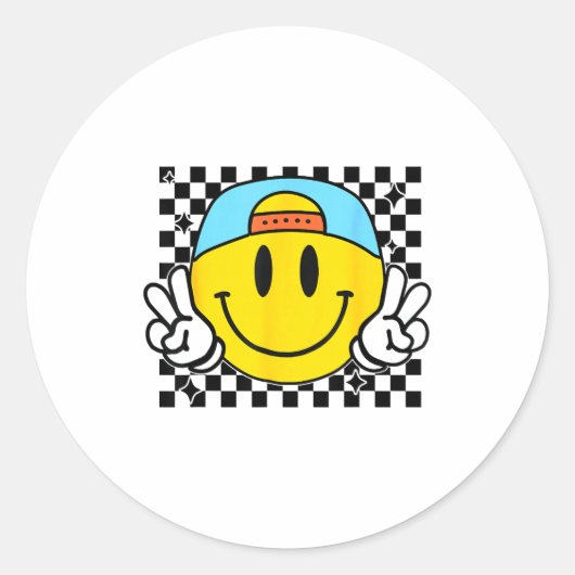 Yellow Smile Face Cute Checkered Peace Smiling Hap Ronde Sticker (Voorkant)