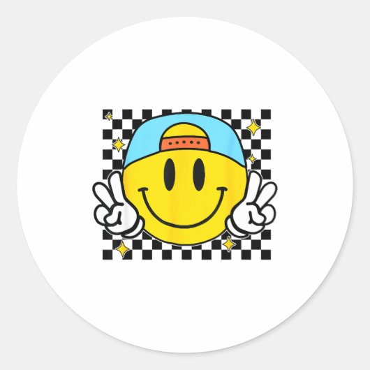 Yellow Smile Face Cute Checkered Peace Smiling Hap Ronde Sticker (Voorkant)
