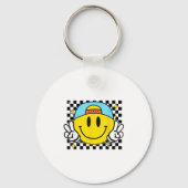 Yellow Smile Face Cute Checkered Peace Smiling Hap Sleutelhanger (Voorkant)
