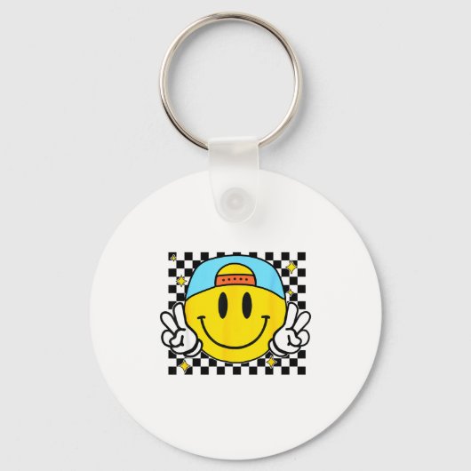 Yellow Smile Face Cute Checkered Peace Smiling Hap Sleutelhanger (Voorkant)