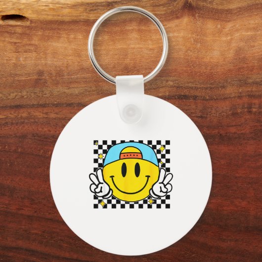 Yellow Smile Face Cute Checkered Peace Smiling Hap Sleutelhanger (Voorkant)