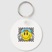 Yellow Smile Face Cute Checkered Peace Smiling Hap Sleutelhanger (Voorkant)