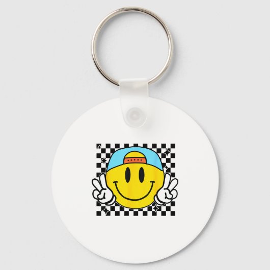 Yellow Smile Face Cute Checkered Peace Smiling Hap Sleutelhanger (Voorkant)