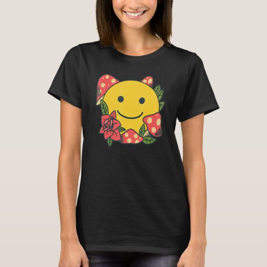 Yellow Smile   Smiling Face Cute Mushroom Rose Flo T-shirt (Voorkant)