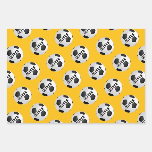 Yellow Soccer Football Balls Kinder naam kerst Inpakpapier Vel (Voorkant 3)