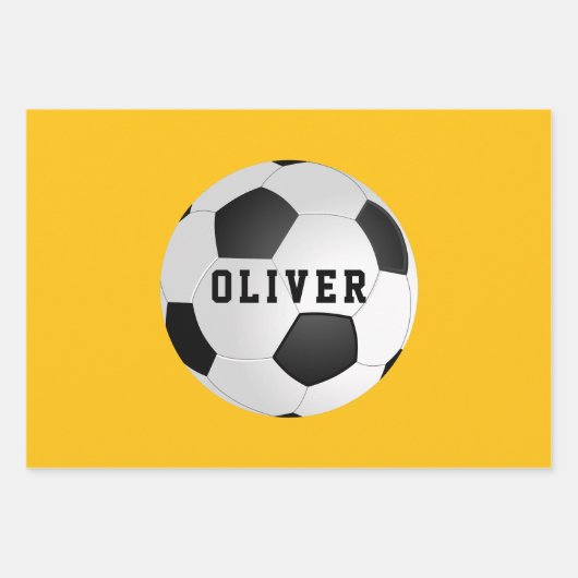 Yellow Soccer Football Balls Kinder naam kerst Inpakpapier Vel (Voorkant)