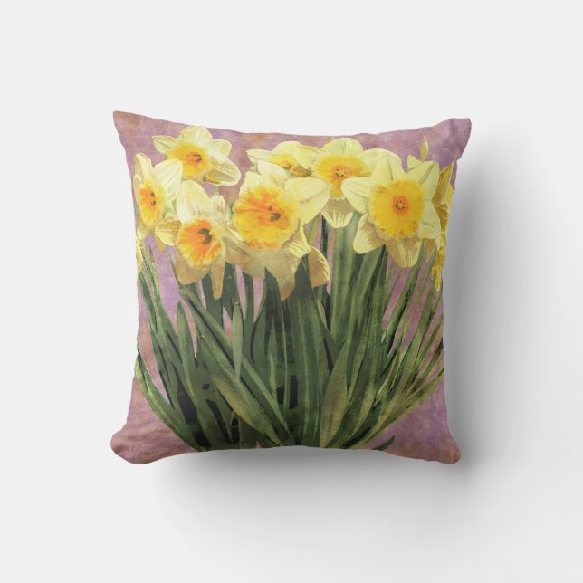 Yellow Spring Daffodils Rustic Lavender Buitenkussen (Voorkant)