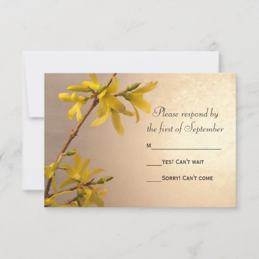 Yellow Spring Forsythia Wedding RSVP Response Kaar Kaartje (Voorkant)