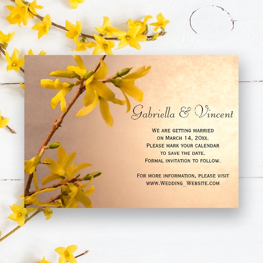 Yellow Spring Forsythia Wedding Save the Date Kaart