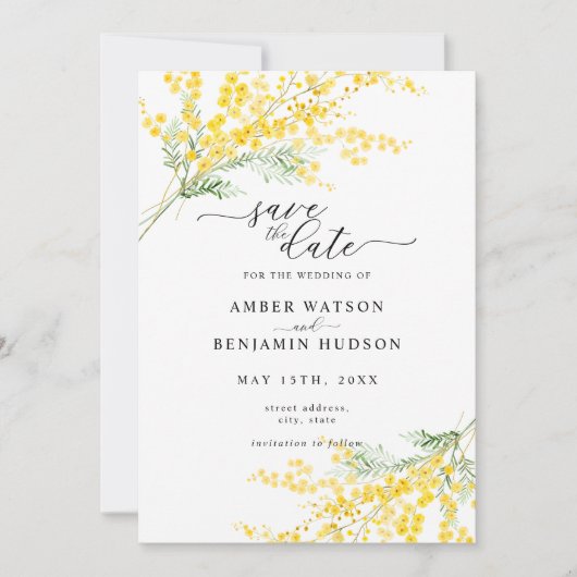 Yellow Spring Mimosa Floral Wedding Bewaar de datu Kaart (Voorkant)