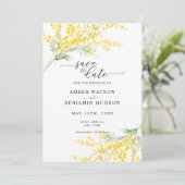 Yellow Spring Mimosa Floral Wedding Bewaar de datu Kaart (Staand voorkant)