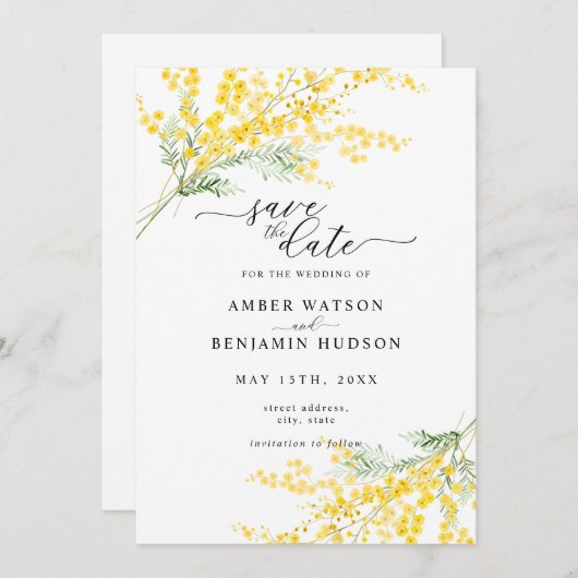 Yellow Spring Mimosa Floral Wedding Bewaar de datu Kaart (Voorkant / Achterkant)