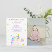 Yellow Stars Eenhoorn Verjaardag Uitnodigingen een (Staand voorkant)