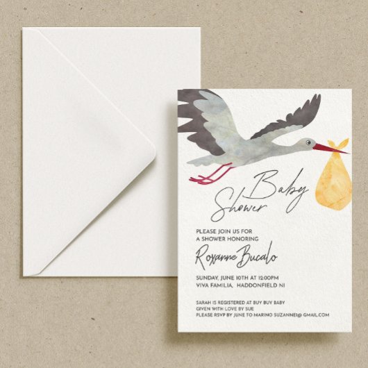 Yellow Stork Baby shower Invitation Kaart