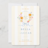 Yellow Stripe Floral Crest Monogram Spring Wedding Save The Date (Voorkant)