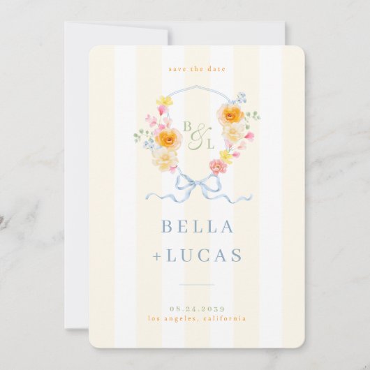 Yellow Stripe Floral Crest Monogram Spring Wedding Save The Date (Voorkant)