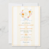 Yellow Stripe Floral Crest Spring Monogram Wedding Kaart (Voorkant)