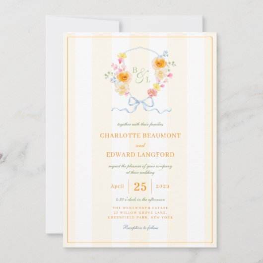 Yellow Stripe Floral Crest Spring Monogram Wedding Kaart (Voorkant)