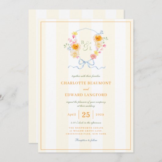 Yellow Stripe Floral Crest Spring Monogram Wedding Kaart (Voorkant / Achterkant)