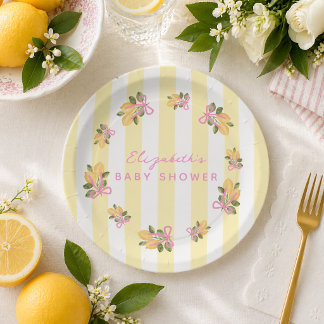 Yellow Stripe Pink Lemon Baby Shower Papieren Bordje