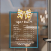 Yellow Striped Bow Blue Frame Open Hours Number Raamsticker