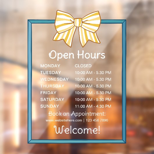 Yellow Striped Bow Blue Frame Open Hours Number Raamsticker (Vel 2)