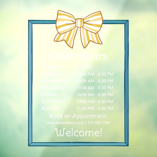 Yellow Striped Bow Blue Frame Open Hours Number Raamsticker (Vel 3)