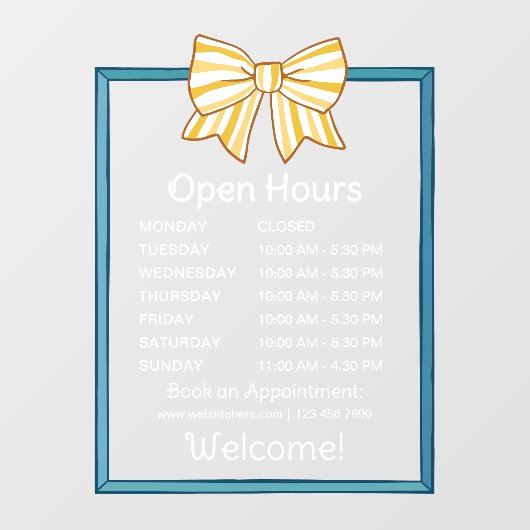 Yellow Striped Bow Blue Frame Open Hours Number Raamsticker (Vel)