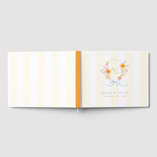 Yellow Stripes Bow Crest Monogram Spring Wedding Gastenboek (Volledig)