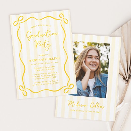 Yellow Stripes Bow Frame Graduation Party Photo Kaart
