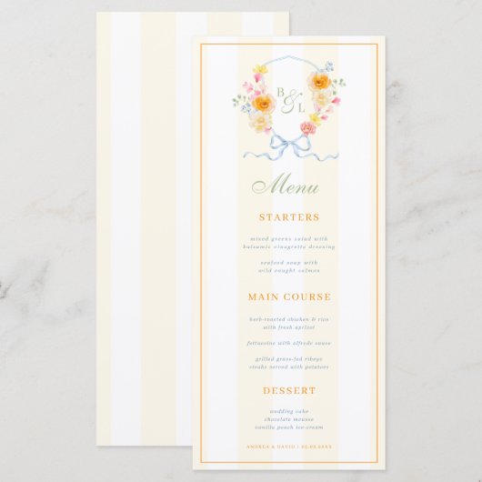 Yellow Stripes & Floral Crest Spring Wedding Menu (Voorkant / Achterkant)