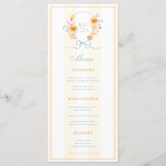 Yellow Stripes & Floral Crest Spring Wedding Menu (Voorkant)