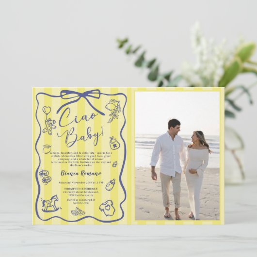 Yellow Stripes Italian Ciao Baby Shower Photo  Kaart (Staand voorkant)