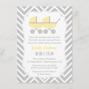 Yellow Strollers Twins Chevron Baby shower Invites Kaart