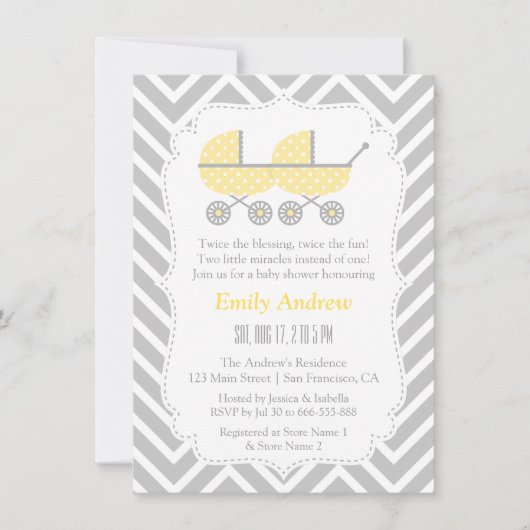 Yellow Strollers Twins Chevron Baby shower Uitnodi Kaart (Voorkant)