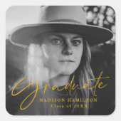 Yellow Stylish Script Photo Afstuderen Vierkante Sticker (Voorkant)