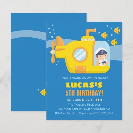 Yellow Submarine Boy Birthday Party Invitations Kaart (Voorkant / Achterkant)