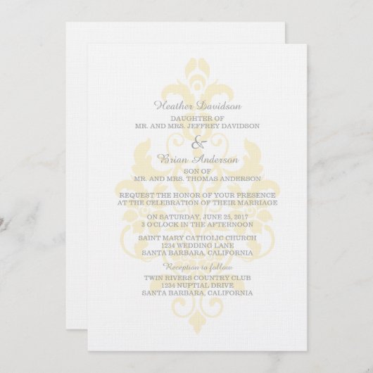 Yellow Subtle Damask Wedding Invite Kaart (Voorkant / Achterkant)