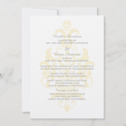 Yellow Subtle Damask Wedding Invite Kaart (Voorkant)