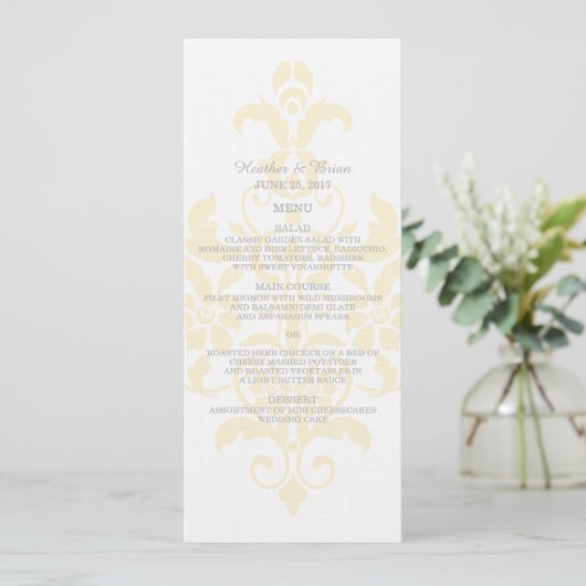 Yellow Subtle Damask Wedding Menu (Staand voorkant)