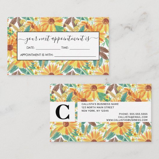 Yellow Summer Sunflower Waterverf Pattern Afsprakenkaartje (Voorkant / Achterkant)