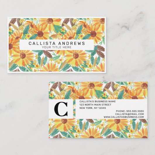 Yellow Summer Sunflower Waterverf Pattern Visitekaartje (Voorkant / Achterkant)