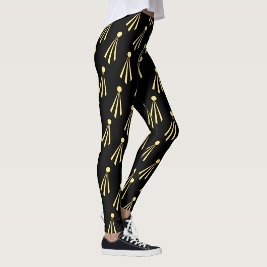 Yellow Sun Rays Patroon op zwart Leggings (Rechts)