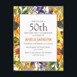 Yellow Sunflower 50th Birthday Party Kaart<br><div class="desc">Mooie paarse en gele waterverf bloemen,  botanische waterverf,  50e verjaardag van de feestdag voor vrouwen. Neem contact met ons op voor hulp bij aanpassingen of om passende producten aan te vragen.</div>
