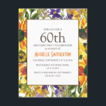 Yellow Sunflower 60th Birthday Party Kaart<br><div class="desc">Mooie paarse en gele waterverf bloemen,  botanische waterverf,  60e verjaardag van de feestdag voor vrouwen. Neem contact met ons op voor hulp bij aanpassingen of om passende producten aan te vragen.</div>