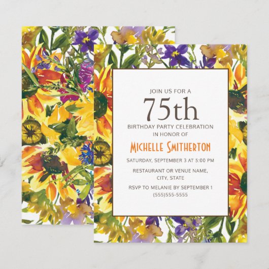 Yellow Sunflower 75th Birthday Party Kaart (Voorkant / Achterkant)