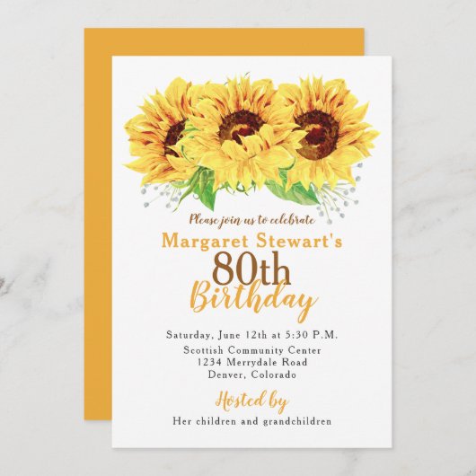 Yellow Sunflower 80th Birthday Invitation Kaart (Voorkant / Achterkant)
