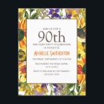 Yellow Sunflower 90th Birthday Party Kaart<br><div class="desc">Mooie paarse en gele waterverf bloemen,  botanische waterverf,  90e verjaardag van de feestdag voor vrouwen. Neem contact met ons op voor hulp bij aanpassingen of om passende producten aan te vragen.</div>